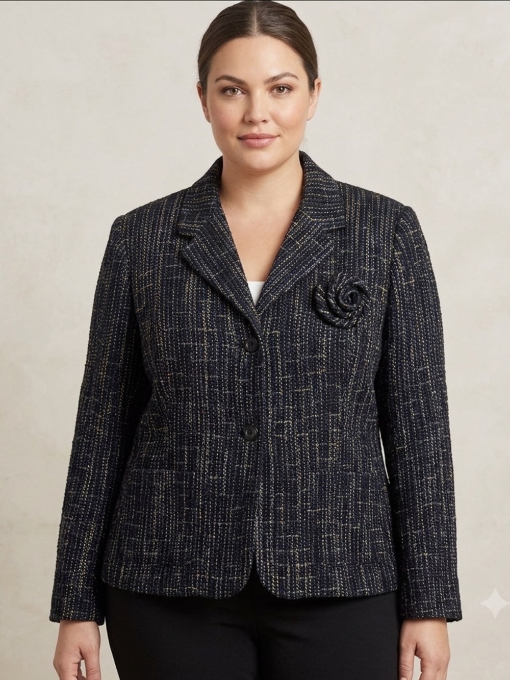 Sag Harbor Woman Tweed Fringe Blazer | Plus Size 24W | Navy Blue Multicolor